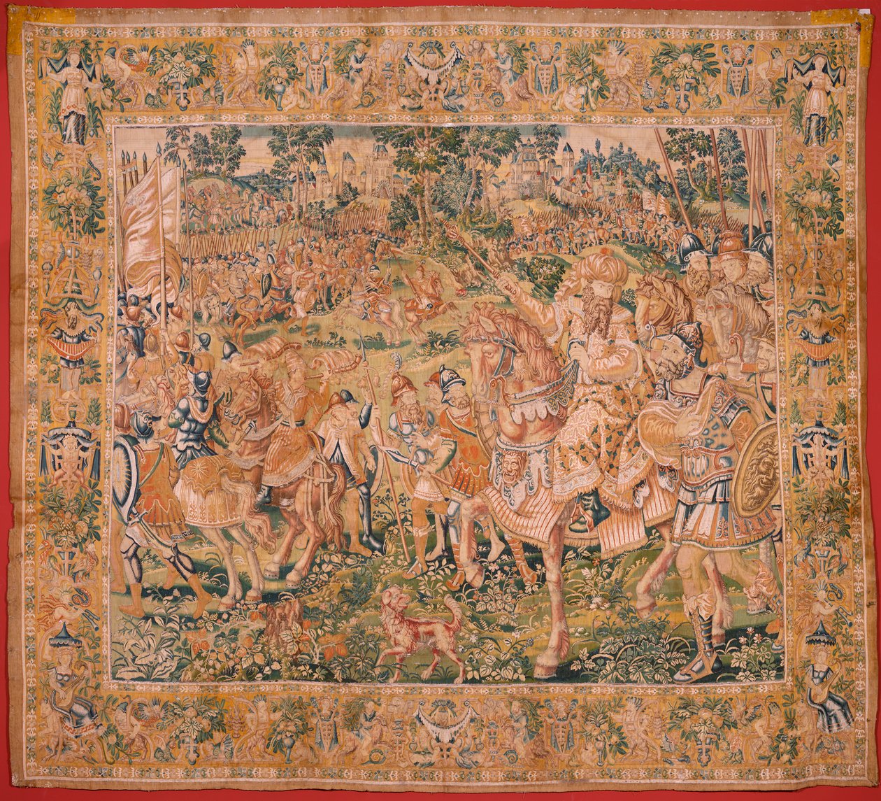 flamsk billedvev. Serien Judiths bok. Nebukadnesars hær (El ejército de Nabucodonosor). Første billedvev i serien. Produksjon Nederland, Brussel?, andre halvdel av 1500-tallet. Stoff Ull. Plassering Church of Saint Nicholas of Bari (mu av Flemish School