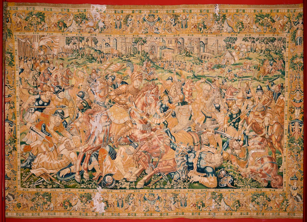 flamsk billedvev. Serien Judiths bok. Krigsscene (Escena bélica). Tredje billedvev i serien. Produksjon Nederland, Brussel? Andre halvdel av 1500-tallet. Stoff Ull. Plassering Church of Saint Nicholas of Bari (museum åpnet i 2009). Opprinnelse av Flemish School