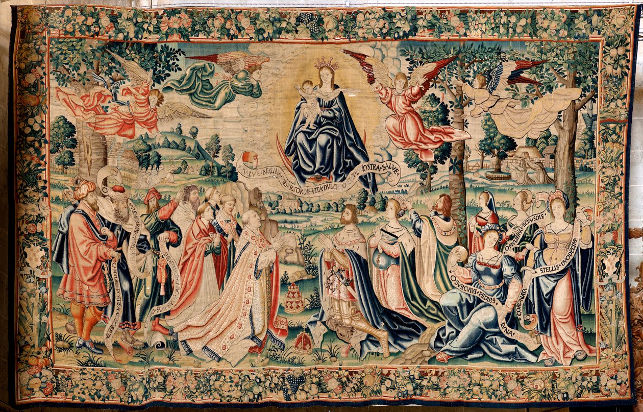 flamsk billedvev. Serien The Hail. Salve Regina. Produser Brussels verksteder, en mulig produksjon av Marc Crétif. Ca 1528. Størrelse 412 x 652 cm. Stoff Silke og ull. Plassering katedralen i Palencia. Opprinnelse Et legat fra biskop Fonseca i 1529. På dis av Flemish School