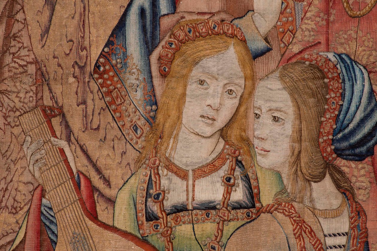 flamsk billedvev. Serien The History of David and Bathsheba. Profeten Nathan irettesetter kong David (El profeta Natán reprende a David). Tredje panel i serien. Anonym modell. Ukjent produksjon, Brussel. 1505. Stoff Gull, silke og ull. av Flemish School