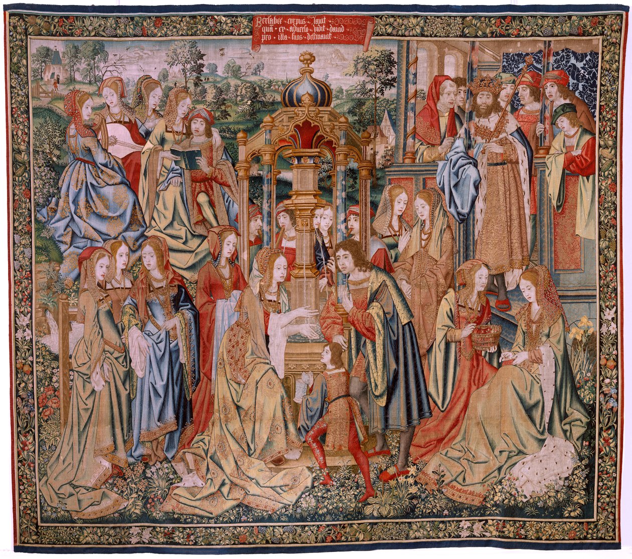 flamsk billedvev. Serien Davids og Batsebas historie. Bathseba ved badet hennes (Betsabé en el baño sorprendida por David). Første panel i serien. Anonym modell. Ukjent produksjon, Brussel av Flemish School