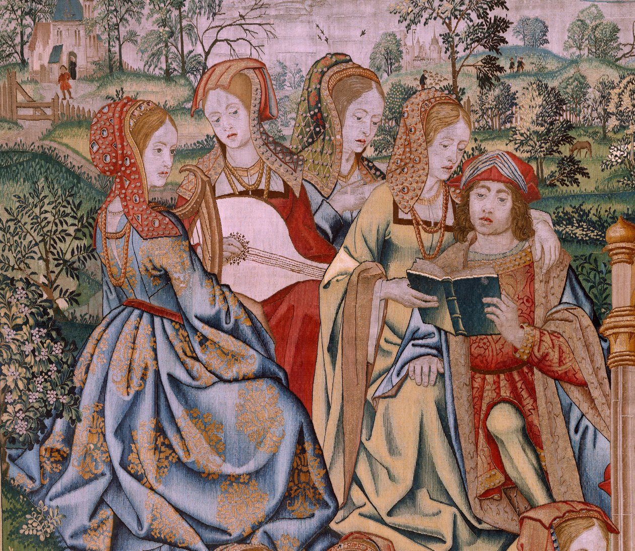flamsk billedvev. Serien Davids og Batsebas historie. Bathseba ved badet hennes (Betsabé en el baño sorprendida por David). Første panel i serien. Anonym modell. Ukjent produksjon, Brussel av Flemish School