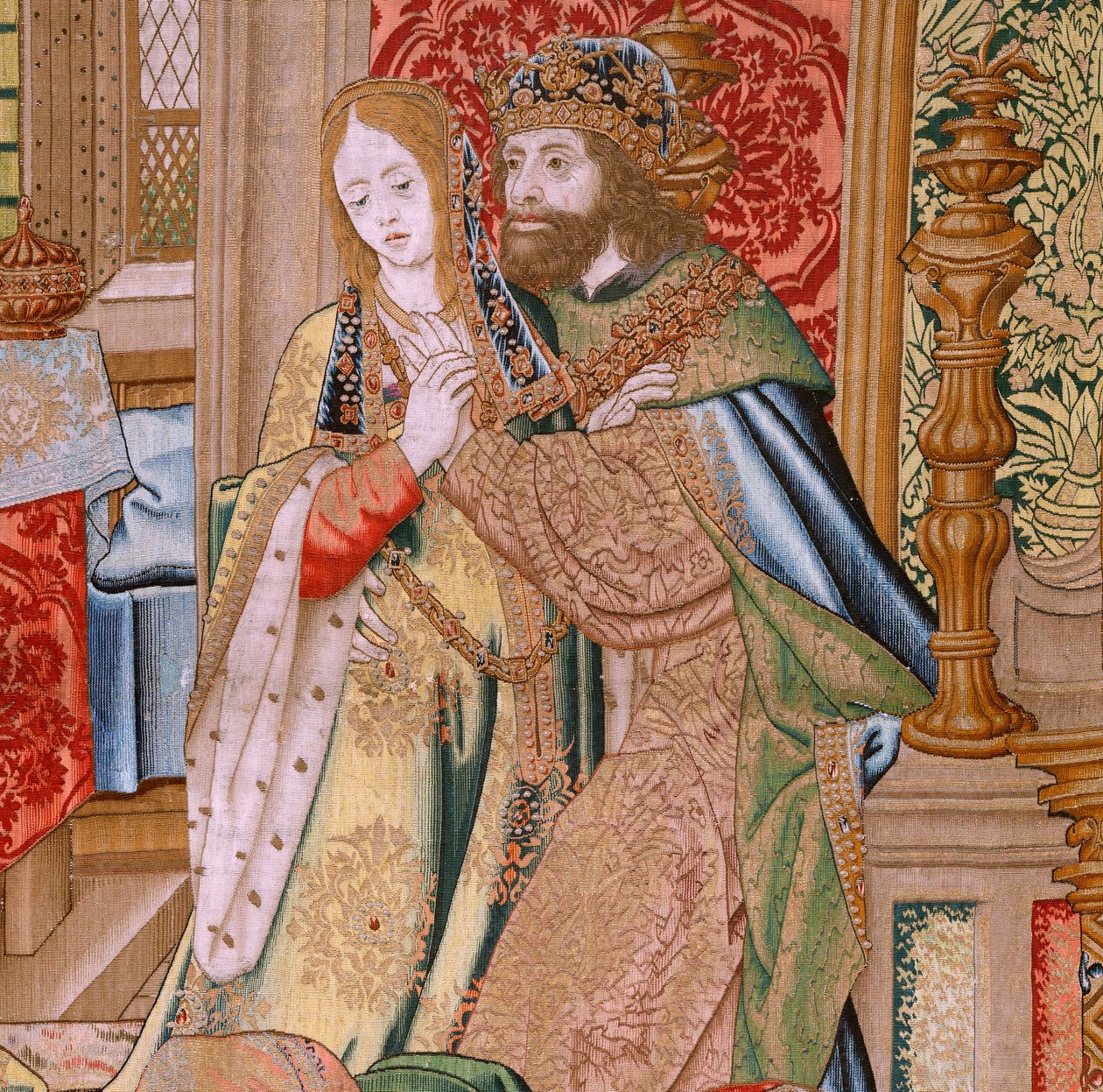 flamsk billedvev. Serien Davids og Batsebas historie. Ekteskap mellom David og Batseba (Casamiento de David y Betsabé). Andre panel i serien. Anonym modell. Ukjent produksjon, Brussel. 1505. Stoff Gull, silke og ull. av Flemish School