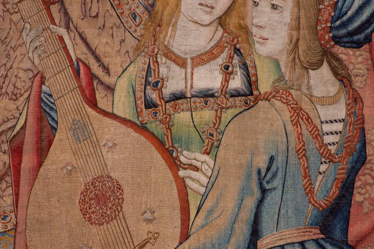 flamsk billedvev. Serien Davids og Batsebas historie. Profeten Nathan irettesetter kong David (El profeta Natán reprende a David). Tredje panel i serien. Anonym modell. Ukjent produksjon, Brussel. 1505. Stoff Gull, silke og ull. av Flemish School