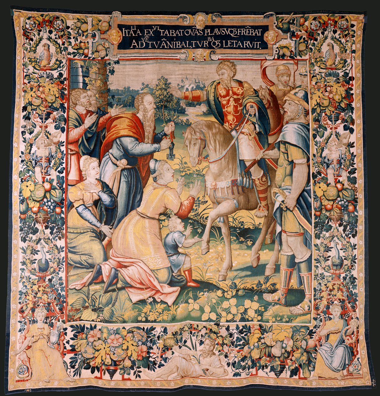 flamsk billedvev. Serien Hannibals historie. Hannibal i Italia (Aníbal en Italia). Tredje billedvev av de bevarte. Modeller Anonym mester i Nederland. Brussels produksjon, verksted. Ca 1570. Stoff Ull og silke. 6,5/7 varp per cm. Størrelse av Flemish School