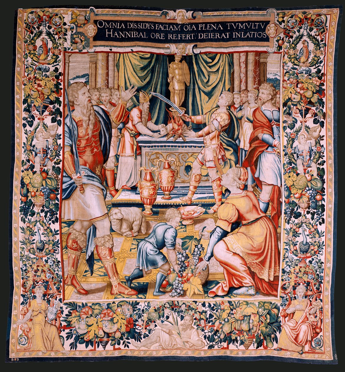 flamsk billedvev. Serien Hannibals historie. Hannibals ed (Juramento de Aníbal). Første billedvev i serien. Tegneserier anonym mester i Nederland. Brussels produksjon, verksted. Ca 1570. Stoff Ull og silke, 6,5/7 varp pr cm. Størrelse 34 av Flemish School