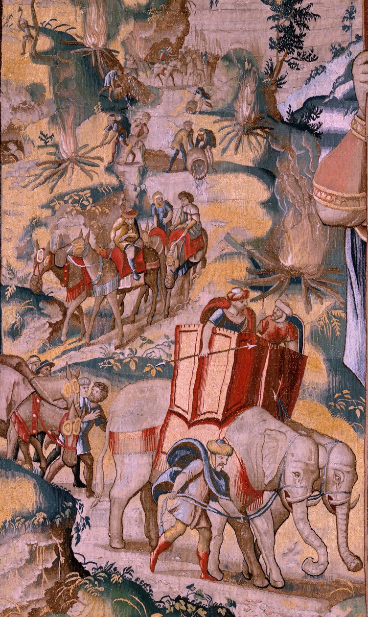 flamsk billedvev. Serien Hannibals historie. Krysset av Alpene (Paso de los Alpes). Andre billedvev av de bevarte. Modeller Anonym mester i Nederland. Brussels produksjon, verksted. Ca 1570. Stoff Ull og silke, 6,5/7 varp pr av Flemish School