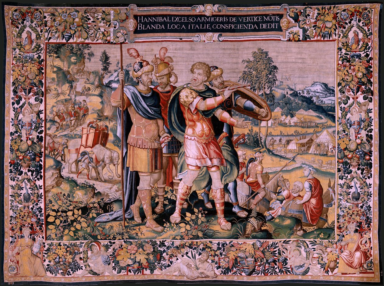 flamsk billedvev. Serien Hannibals historie. Krysset av Alpene (Paso de los Alpes). Andre billedvev av de bevarte. Modeller Anonym mester i Nederland. Brussels produksjon, verksted. Ca 1570. Stoff Ull og silke, 6,5/7 varp pr av Flemish School
