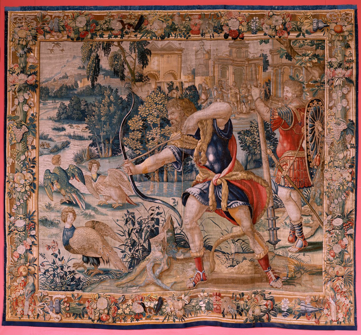 flamsk billedvev. Serien The Labors of Hercules. Hercules og stymphalian-fuglene (Hércules y las aves del lago Estínfalo). Første billedvev i den eksisterende serien. Ukjent modell. Produksjon Willem Dermoyen, Brussel. Ca 1528. Stoff Silke og ull. ; Større av Flemish School