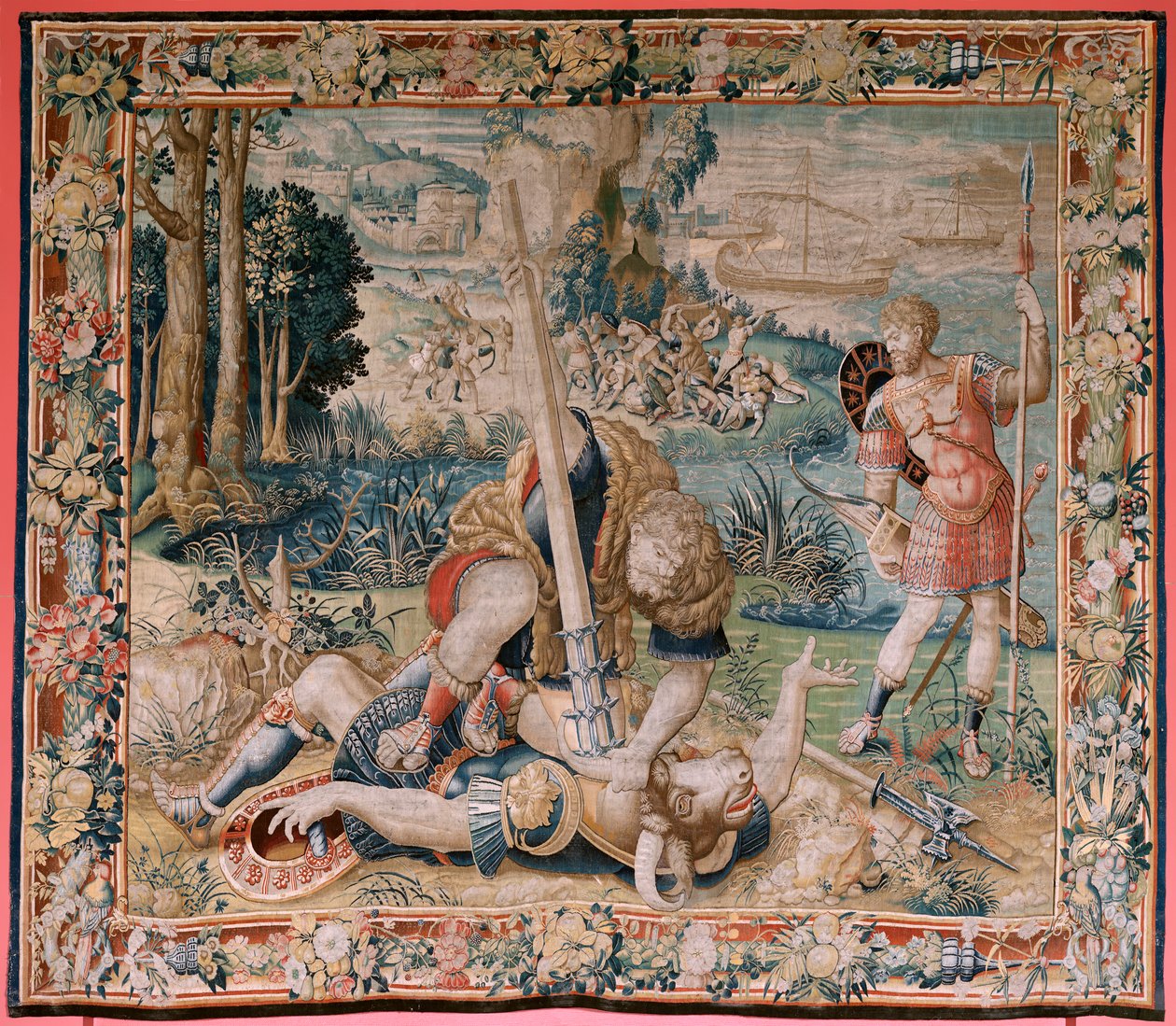 flamsk billedvev. Serien The Labors of Hercules. Hercules kjemper mot Minotauren. Hercules kjemper mot Minotauren). Andre billedvev i den eksisterende serien. Ukjent modell. Produksjon Willem Dermoyen, Brussel. Ca 1528. av Flemish School