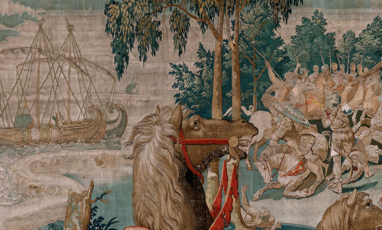 flamsk billedvev. Serien The Labors of Hercules. Hestene til Diomedes (Los caballos de Diomedes). Tredje billedvev i den eksisterende serien. Ukjent modell. Produksjon Willem Dermoyen, Brussel. Ca1528. Stoff Silke og ull. Størrelse 350 x 400 cm. Sted Royal av Flemish School