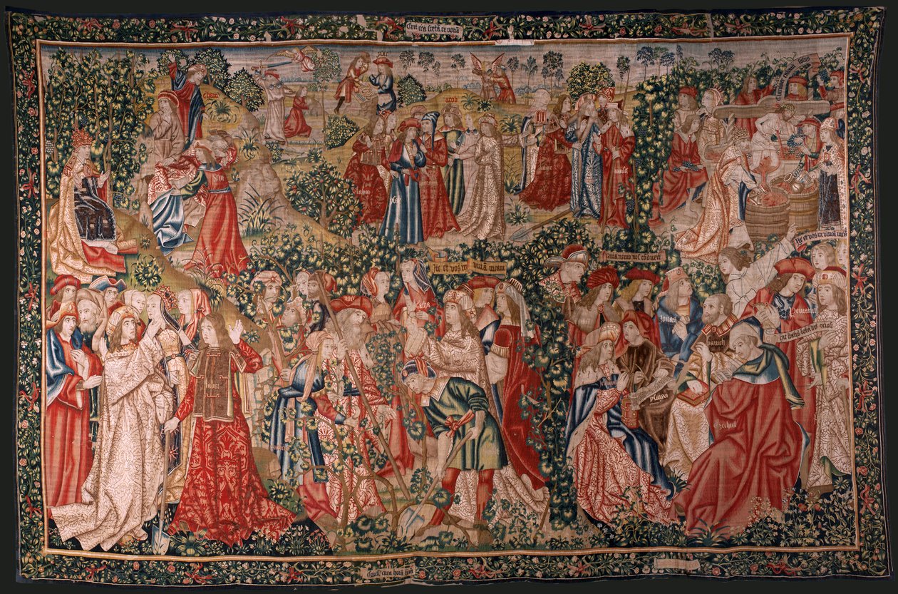 flamsk billedvev. Serien Lignelsen om arbeiderne i vingården. Oppfordringen til arbeiderne (La llamada a los trabajadores). Første billedvev i serien. Produsere Brussel, Pieter van Aelsts verksteder(?). Ca 1500. Stoff Silke og ull, 6 renninger pe av Flemish School
