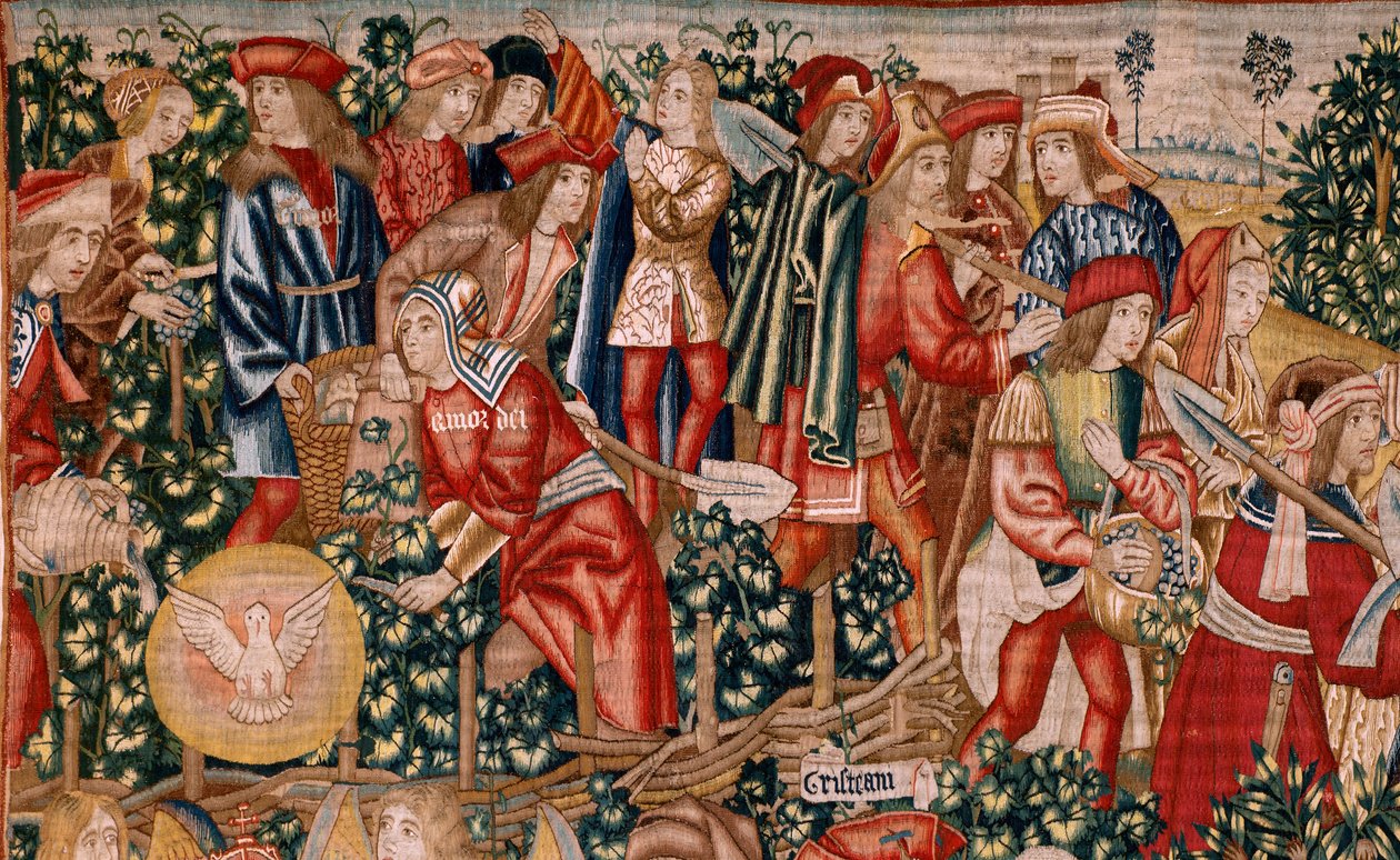 flamsk billedvev. Serien Lignelsen om arbeiderne i vingården. Betalingen av denaren (El pago del denario). Andre billedvev i serien. Produsere Brussel, Pieter van Aelsts verksteder (?). Ca 1500. Stoff Silke og ull, 6 renninger pr cm. av Flemish School