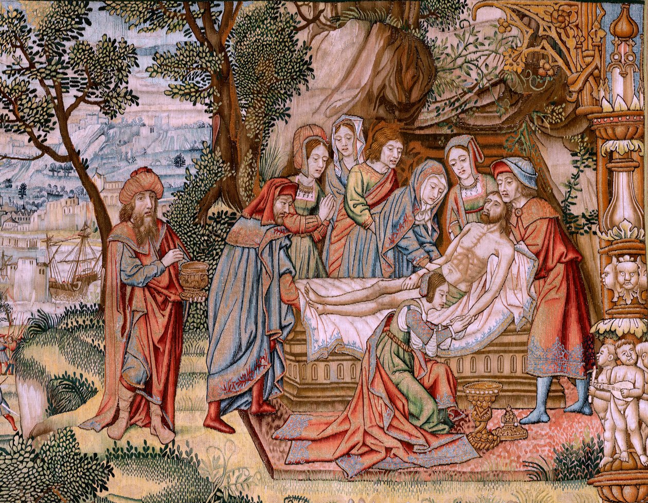 flamsk billedvev. Serien The Passion of Christ. Nedstigningen fra korset (Descendimiento). Den andre billedvevserien av Kristi lidenskap som tilhører Patrimonio Nacional. Modelltegnere fra kretsen til Jan van Roome. Produksjon Pieter va av Flemish School