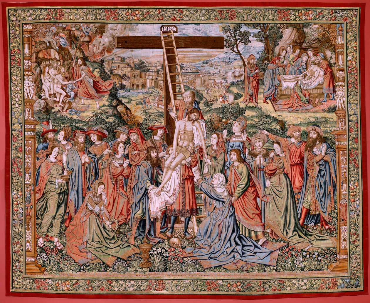 flamsk billedvev. Serien The Passion of Christ. Nedstigningen fra korset (Descendimiento). Den andre billedvevserien av Kristi lidenskap som tilhører Patrimonio Nacional. Modelltegnere fra kretsen til Jan van Roome. Produksjon Pieter va av Flemish School