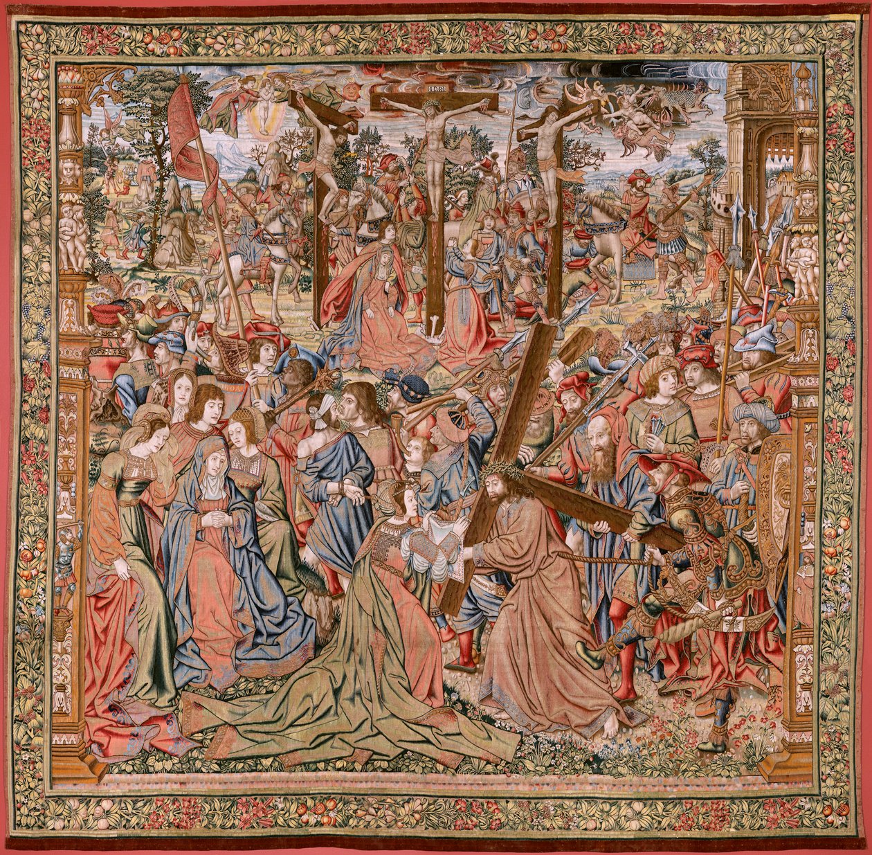 flamsk billedvev. Serien The Passion of Christ; Veien til Golgata og møte med Veronica (Camino del Calvario y encuentro con la Verónica). Første billedvev av de som ble holdt av riksantikvaren. Modelltegnere fra kretsen til Jan van Roome og Bern av Flemish School