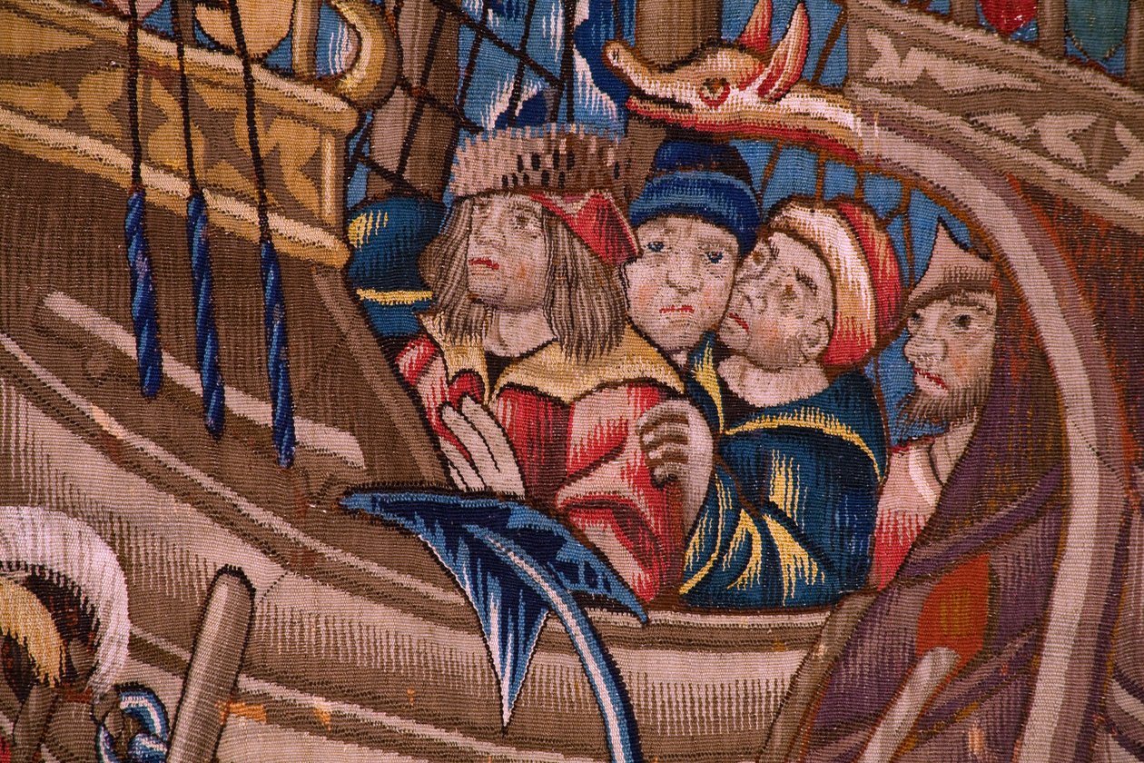flamsk billedvev. Serie The Portuguese in India: The Arrival in Calicut (Fra Aankomst i Calicut, Llegado de Vasco de Gama til Lisboa). Ca 1510. Samling Caixa Geral de Depósitos, Lisboa. Detalj. av Flemish School