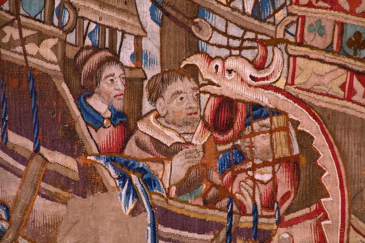 flamsk billedvev. Serie The Portuguese in India: The Arrival in Calicut (Fra Aankomst i Calicut, Llegado de Vasco de Gama til Lisboa). Ca 1510. Samling Caixa Geral de Depósitos, Lisboa. Detalj. av Flemish School