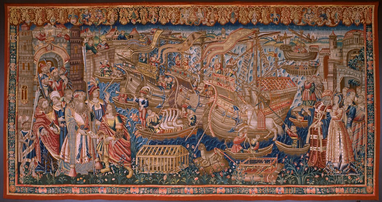 flamsk billedvev. Serie The Portuguese in India: The Arrival in Calicut (Fra Aankomst i Calicut, Llegado de Vasco de Gama til Lisboa). Ca 1510. Samling Caixa Geral de Depósitos, Lisboa. av Flemish School