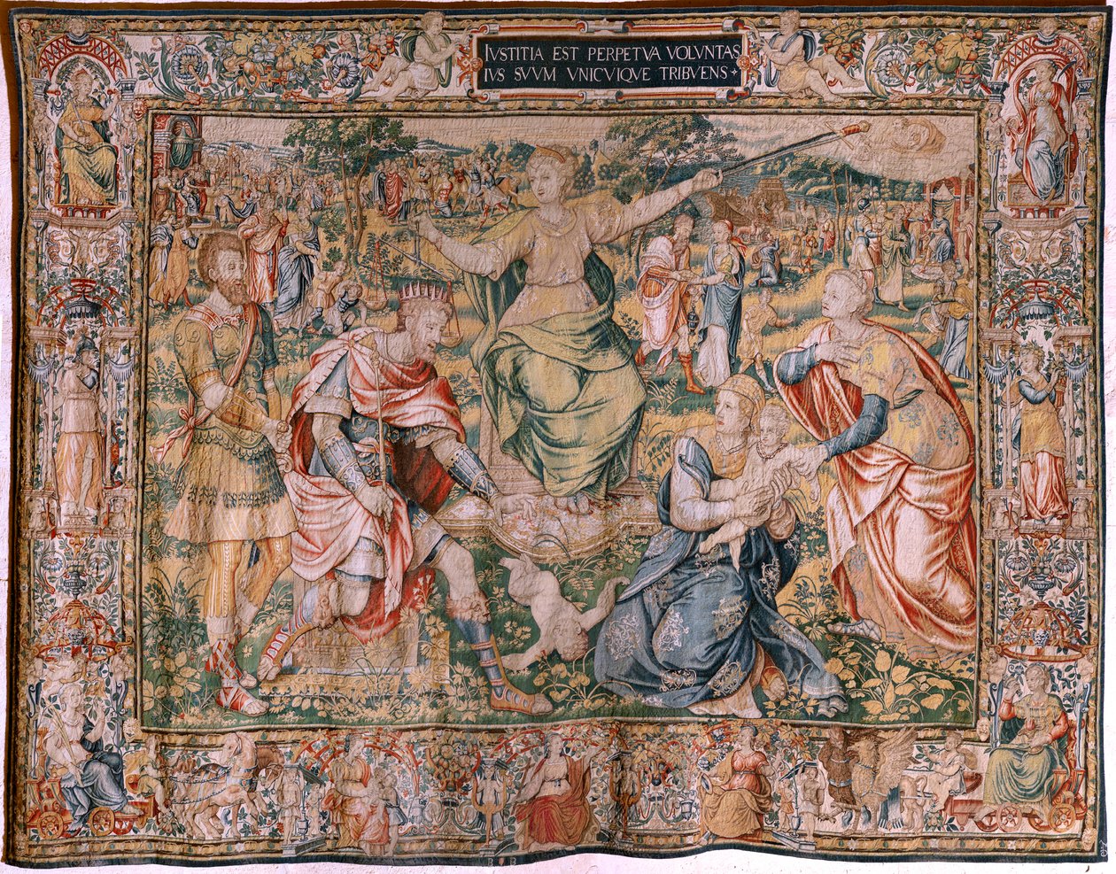 flamsk billedvev. Serien De syv dyder. Rettferdighet (La Justicia). Modell basert på Michiel Coxcie. Produsere Brussel. Produsert av Frans Geubels. Ca 1560-1570. Stoff Silke og ull. Størrelse 330 x 450 cm. Plassering Cathedral of Burgos. Opprinnelse Et leg av Flemish School