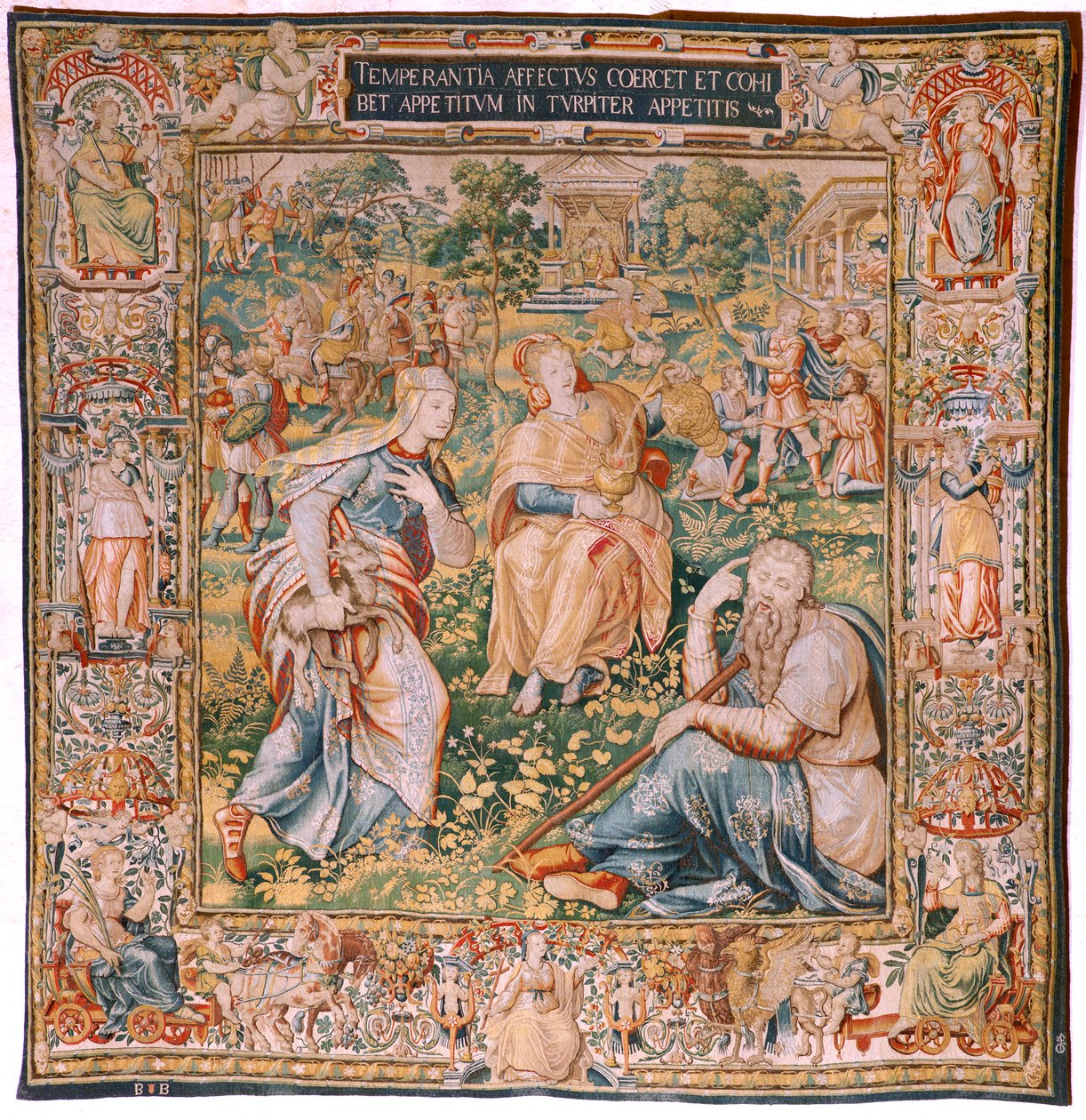 flamsk billedvev. Serien De syv dyder. Temperance (La Templanza). Modell basert på Michiel Coxcie. Produsere Brussel. Produsert av Frans Geubels. Ca1560-1570. Stoff Silke og ull. Størrelse 330 x 320 cm. Plassering Cathedral of Burgos. Opprinnelse Et legat  av Flemish School