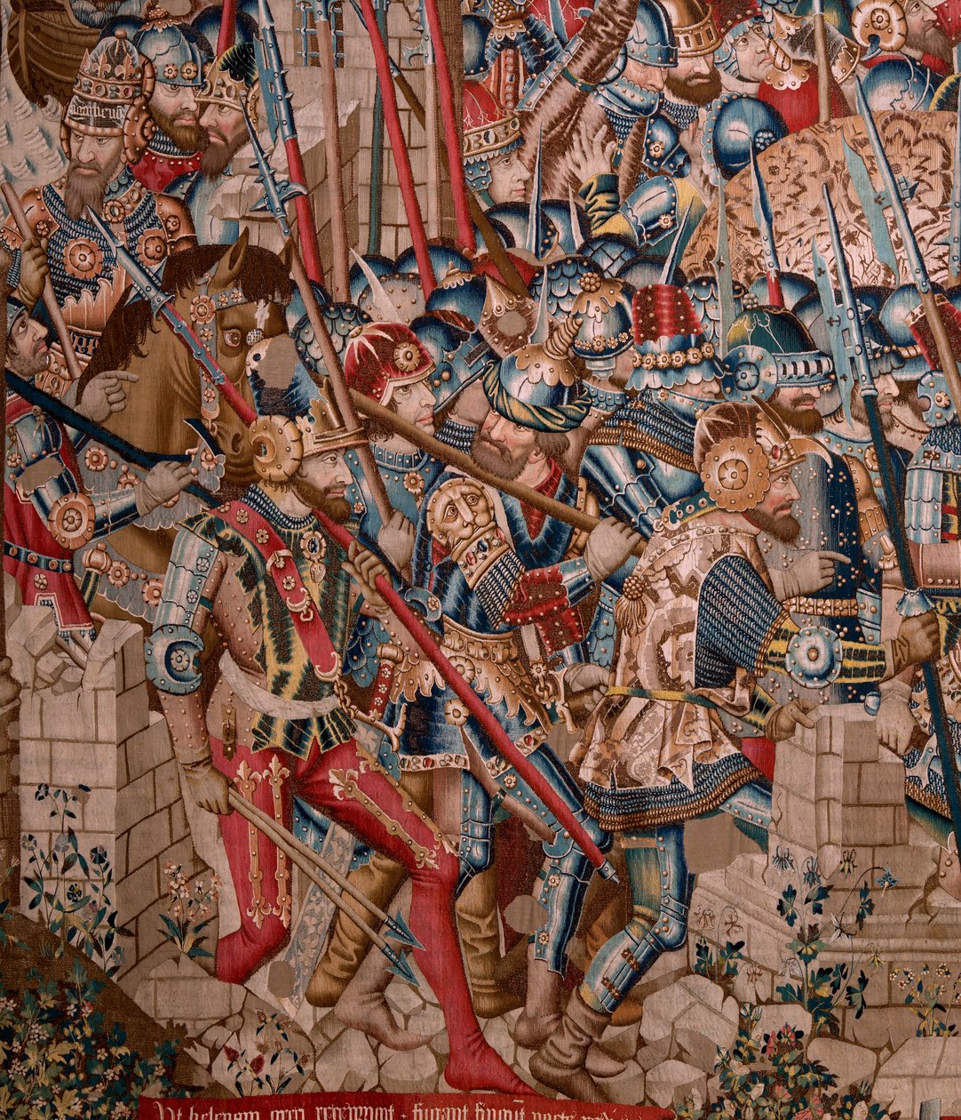 flamsk billedvev. Serien Den trojanske krigen. Ødeleggelsen av Troja (Destrucción de Troya). Elvte billedvev i serien. Model Coëtivy Master (Henry eller Conrard de Vulcop). Produser Tournai-verksteder. Ca 1470. Stoff Ull og silke, 6/7 varp pr cm. av Flemish School