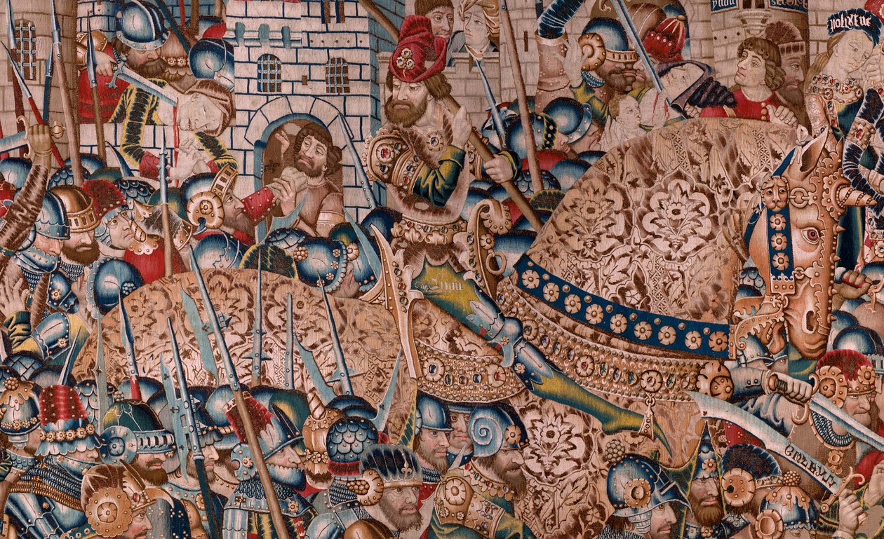 flamsk billedvev. Serien Den trojanske krigen. Ødeleggelsen av Troja (Destrucción de Troya). Elvte billedvev i serien. Model Coëtivy Master (Henry eller Conrard de Vulcop). Produser Tournai-verksteder. Ca 1470. Stoff Ull og silke, 6/7 varp pr cm. av Flemish School
