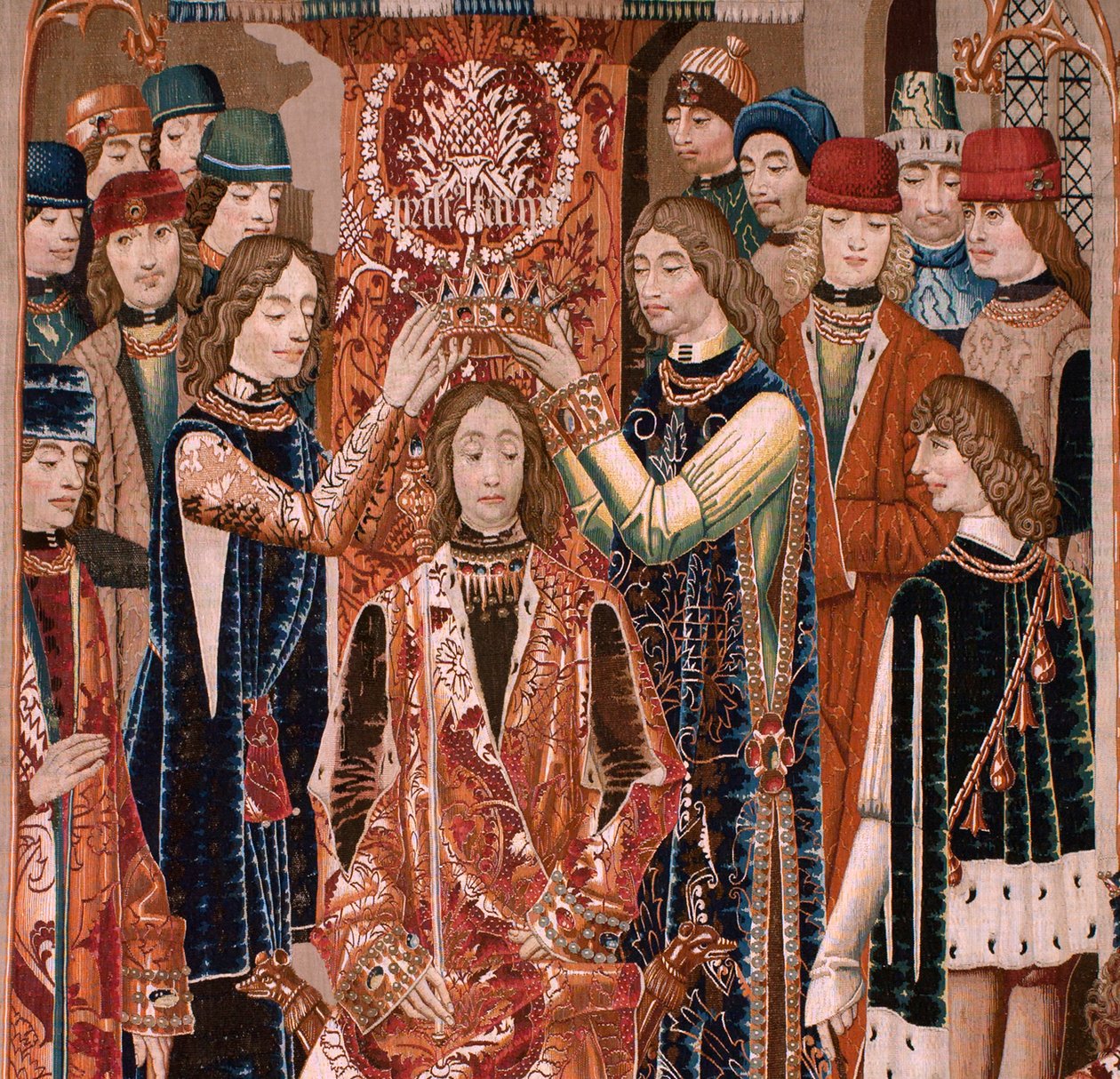 flamsk billedvev. Serie ukjent. Romersk historie? Tarquinius Priscus (Tarquino Prisco). Produsere Brussels verksteder?. Ca 1475. Stoff Ull og silke, 6 varp pr cm. Opprinnelse En donasjon fra grev Alba de Aliste, den ankom katedralen i 1608. ; Locati av Flemish School