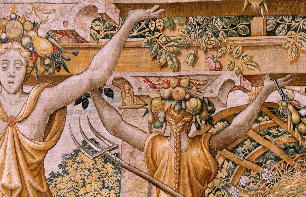 flamsk billedvev. Serien Vertumnus og Pomona. No II Vertumnus forvandlet til en bonde (Vertumno y Pomona II Vertumno transformado en agricultor) no1 venstre del. Models Circle av Pieter Coecke Van Aelst og Léonard Thiry. Atelier ukjent, Brussel. Gull, av Flemish School