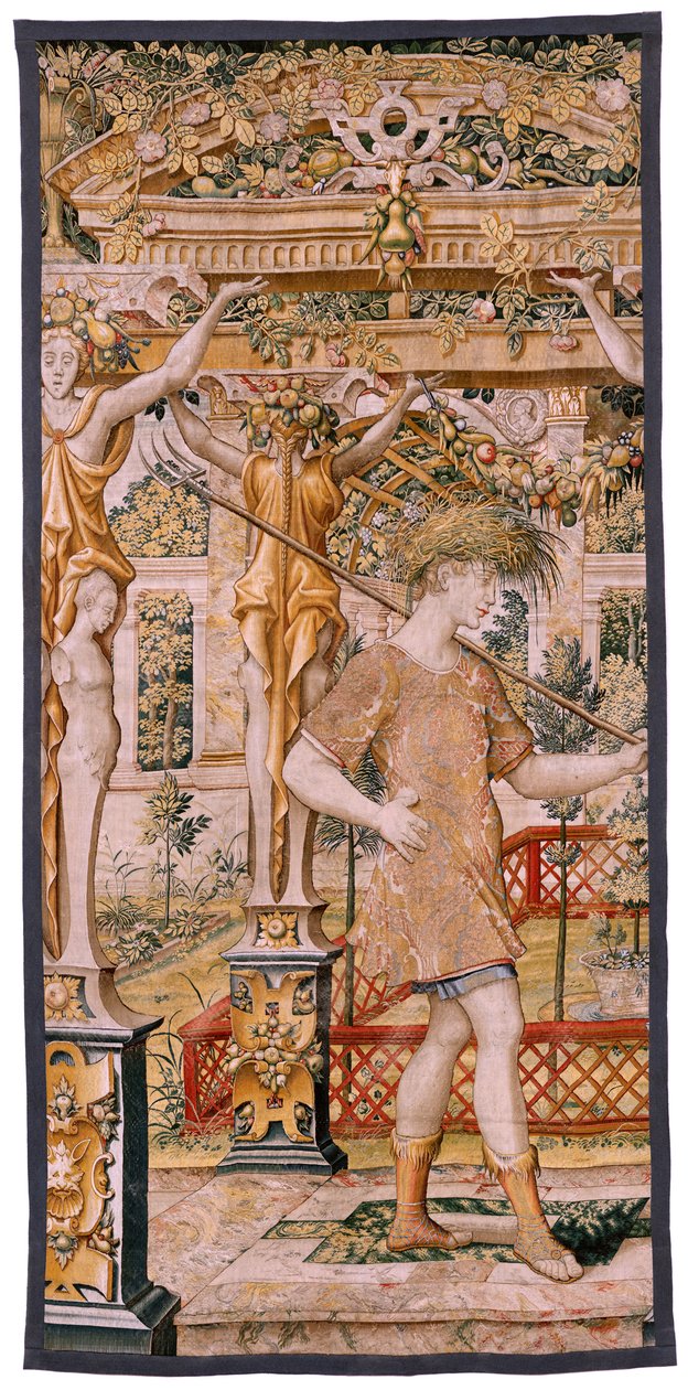 flamsk billedvev. Serien Vertumnus og Pomona. No II Vertumnus forvandlet til en bonde (Vertumno y Pomona II Vertumno transformado en agricultor) no1 venstre del. Models Circle av Pieter Coecke Van Aelst og Léonard Thiry. Atelier ukjent, Brussel. Gull, av Flemish School