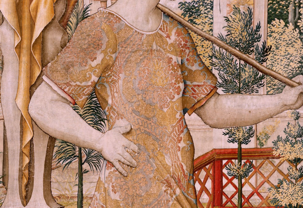 flamsk billedvev. Serien Vertumnus og Pomona. No II Vertumnus forvandlet til en bonde (Vertumno y Pomona II Vertumno transformado en agricultor) no1 venstre del. Models Circle av Pieter Coecke Van Aelst og Léonard Thiry. Atelier ukjent, Brussel. Gull, av Flemish School