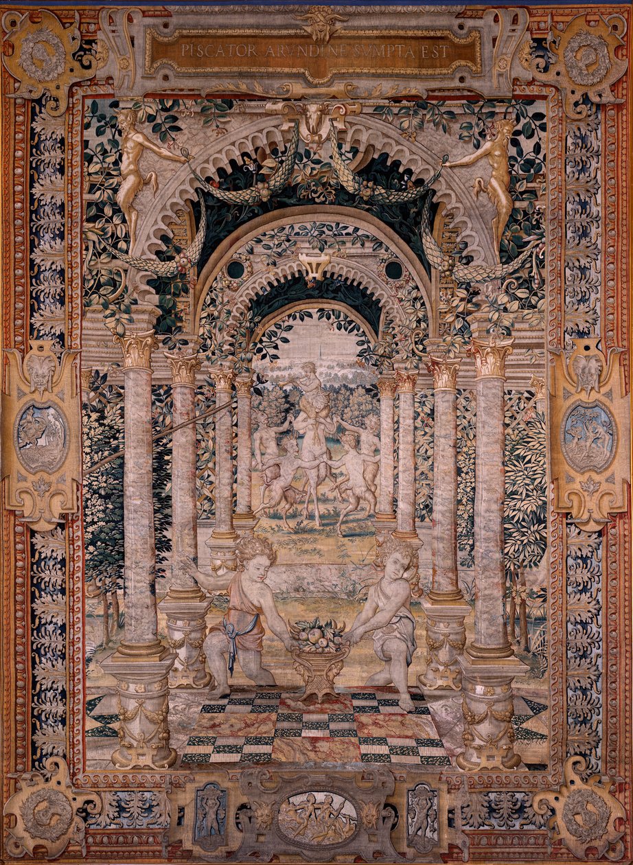 flamsk billedvev. Serien Vertumnus og Pomona. Syvende billedvev i serien; Vertumnus forvandlet til en fisker (sentral del). Models Circle av Pieter Coecke Van Aelst og Léonard Thiry. Produksjon Ukjent verksted, Brussel. Før 1550. Stoff Go av Flemish School