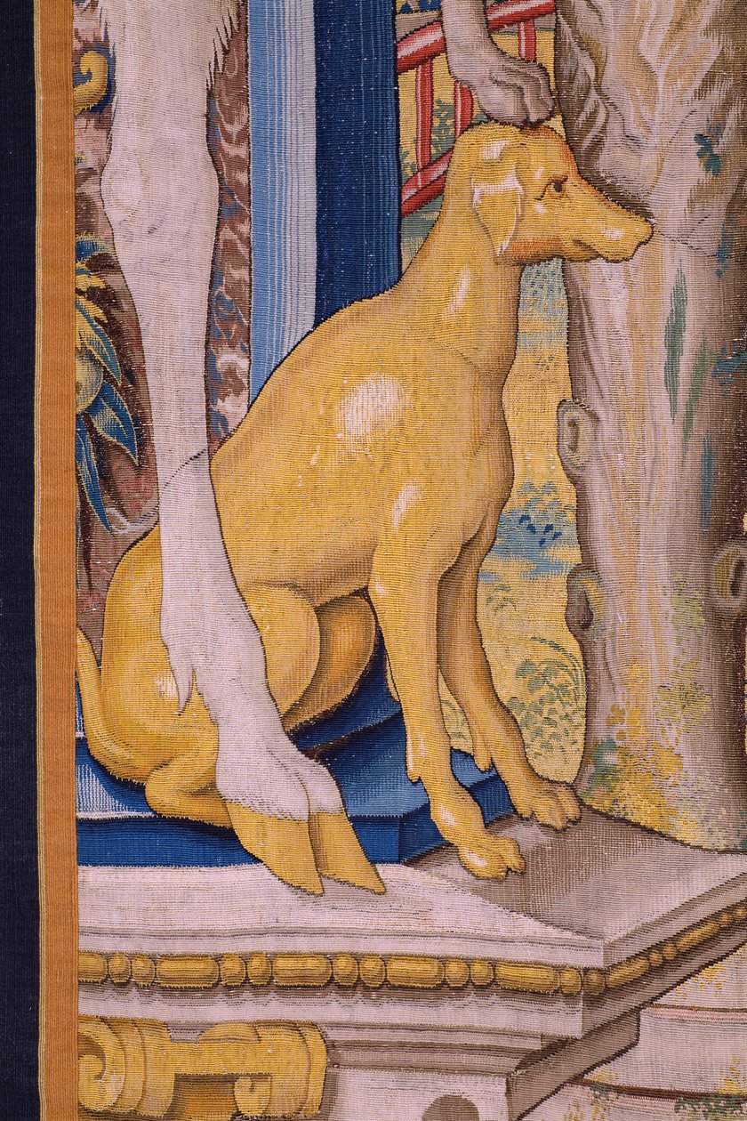 flamsk billedvev. Serien Vertumnus og Pomona: Vertumnus forvandlet til en bonde (Vertumnus som bonde, Vertumno transformado og agricultor). Studio Willem de Pannemaker. ca 1545-1550. Detalj. av Flemish School
