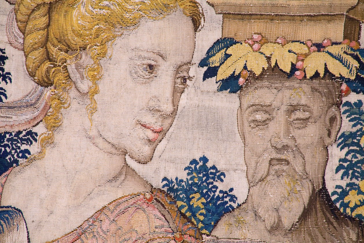 flamsk billedvev. Serien Vertumnus og Pomona: Vertumnus forvandlet til en bonde (Vertumnus som bonde, Vertumno transformado og agricultor). Studio Willem de Pannemaker. ca 1545-1550. Detalj. av Flemish School