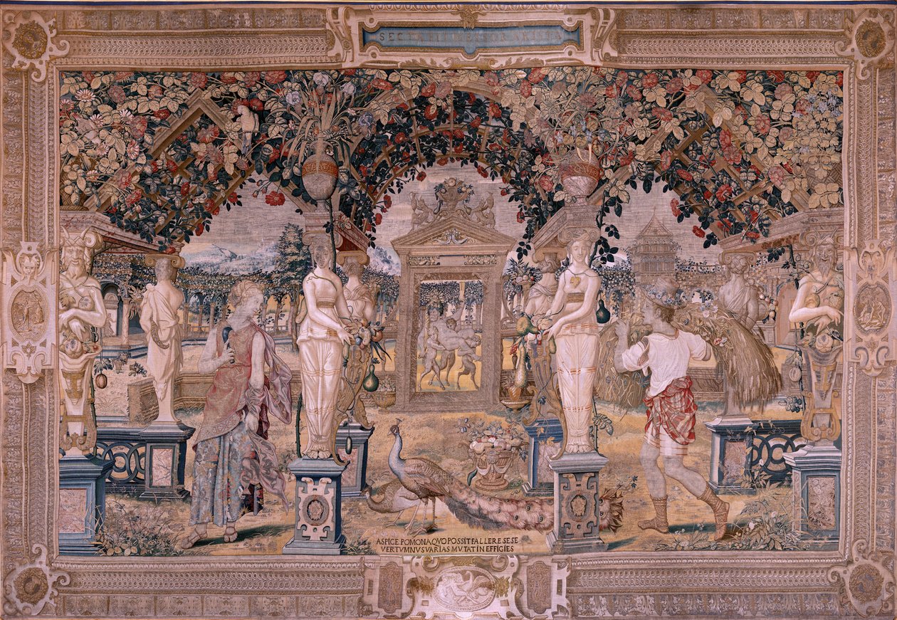 flamsk billedvev. Serien Vertumnus og Pomona. Vertumnus forvandlet til en høstemaskin (Vertumno transformado en segador). Første billedvev i serien. Modellsirkel av Pieter Coeck van Aelst. ; Produksjon Wilhelm Pannemaker, Brussel. Ca 1545-1550. Stoff av Flemish School