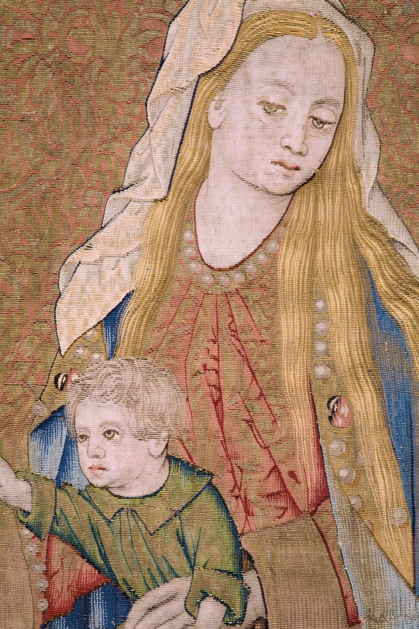 flamsk billedvev. The Virgin with the Child and angels (Jomfruen med barnet og en engel, Mary met Kind in engelen). Ca av Flemish School