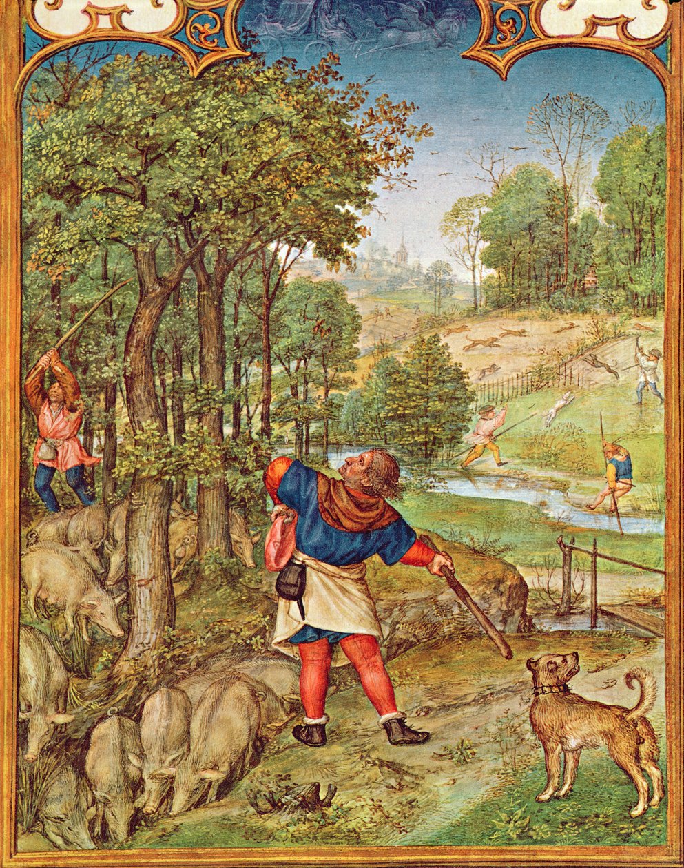 Fol.11v November måned: Høsting av eikenøtter for grisene og jakt, fra Breviarium Grimani, ca. 1515 av Flemish School