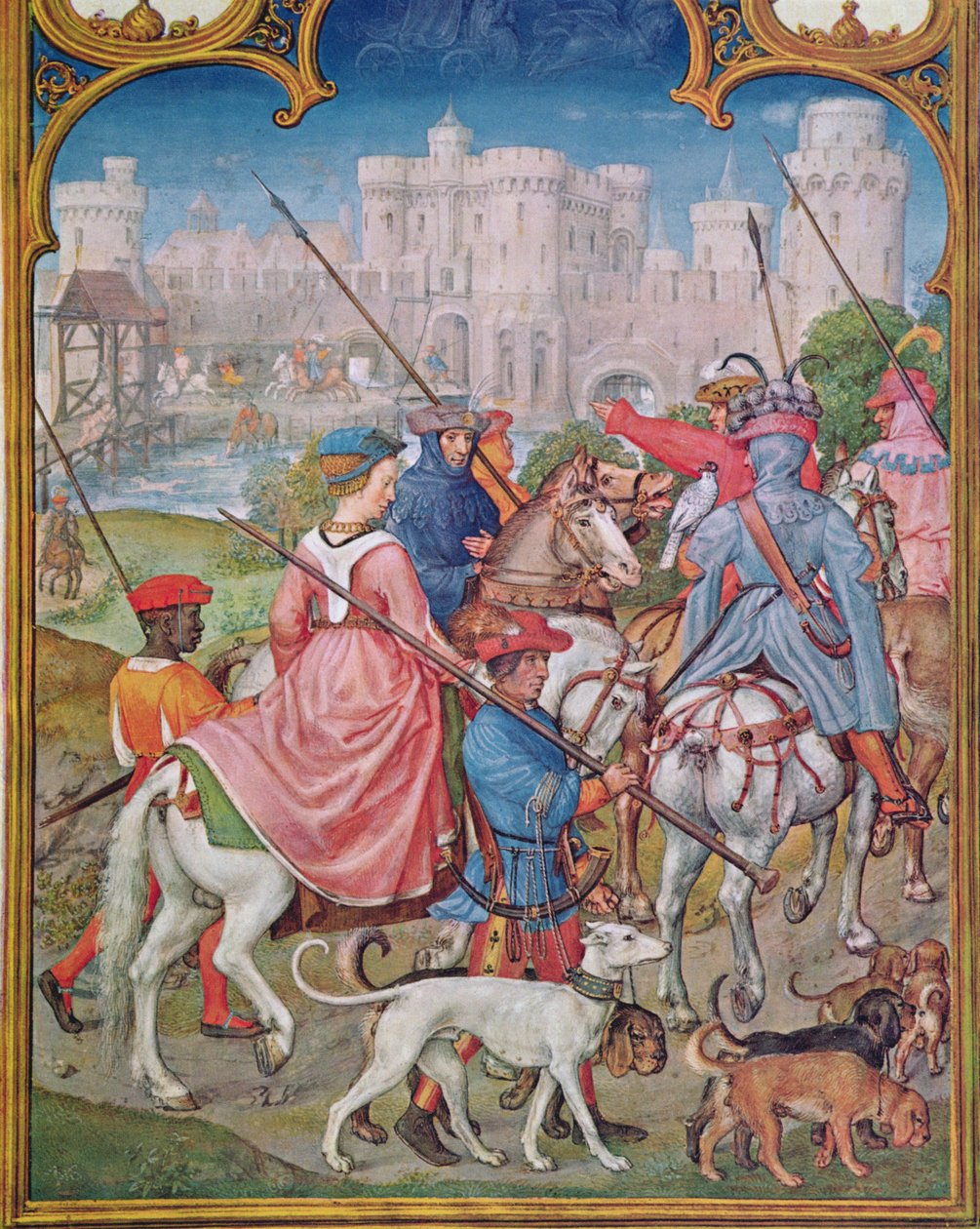 Fol.8v August måned: Avreise på jakt, fra Breviarium Grimani, ca. 1515 av Flemish School