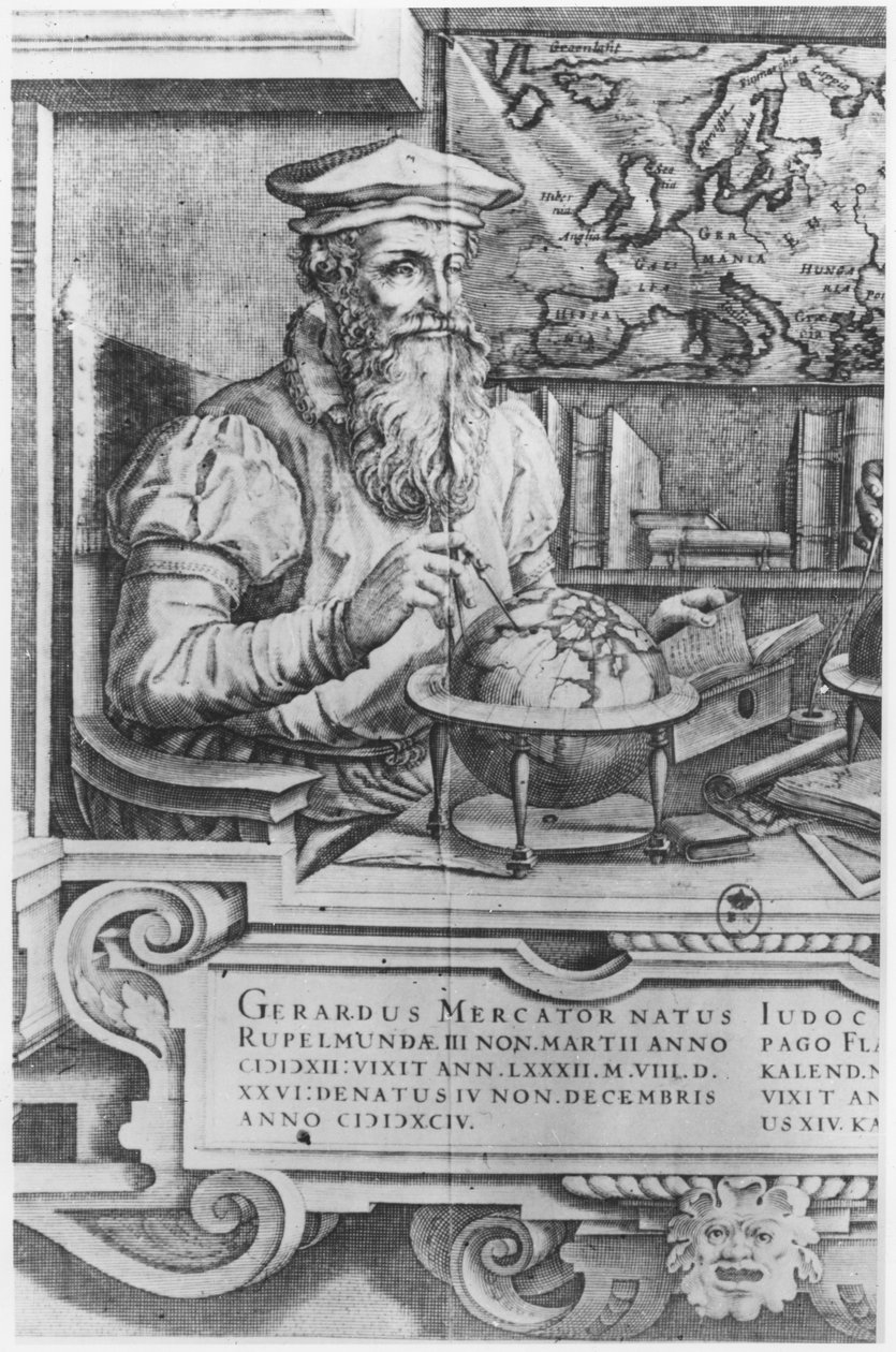 Gerard Mercator (1512-94) gravert for inkludering i Mercator og Hondius-seriene med atlass av Flemish School