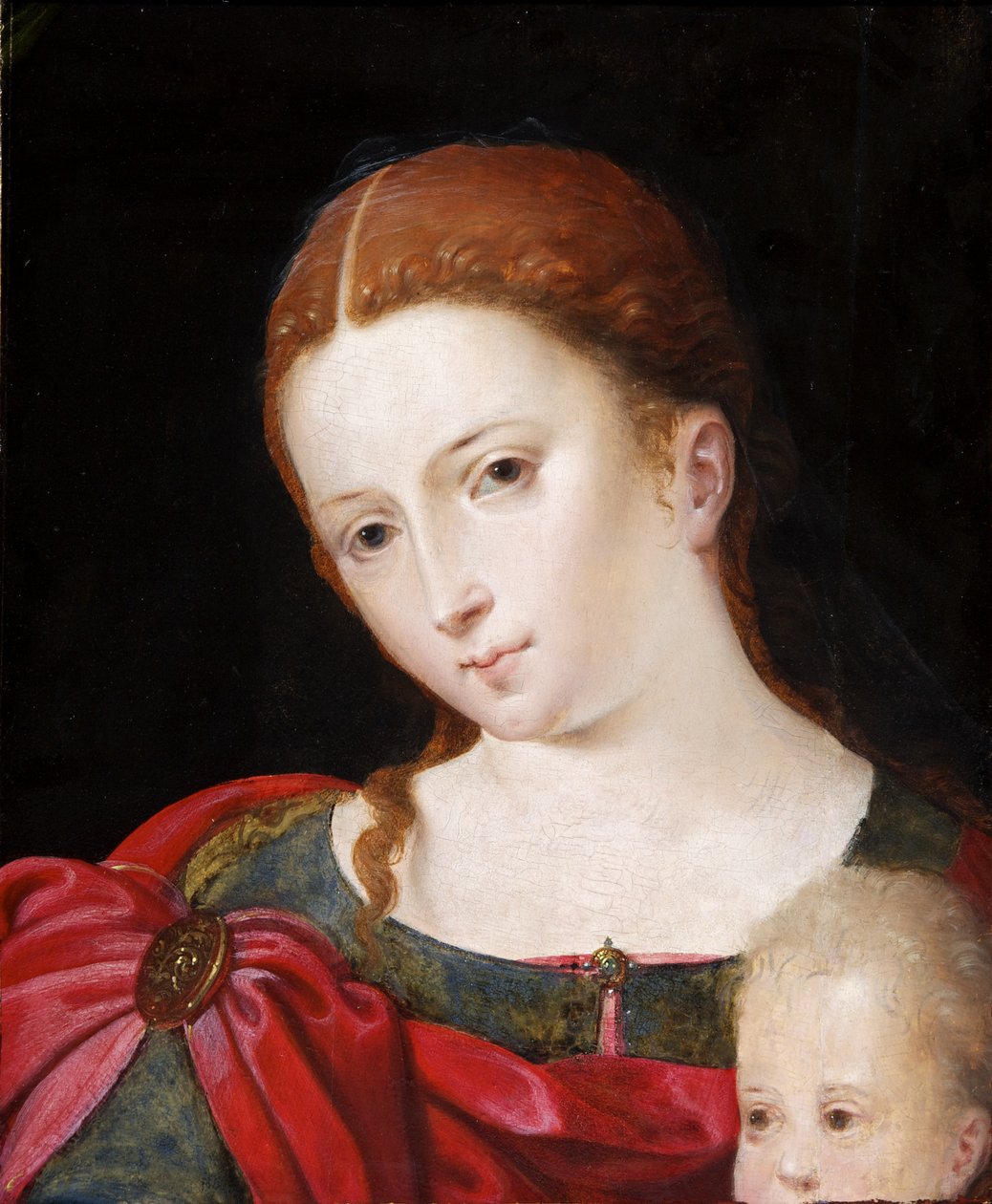 Hode og skuldre til en jente i rød kappe over blå kjole, ca. 1550 (olje på panel, eik) av Flemish School