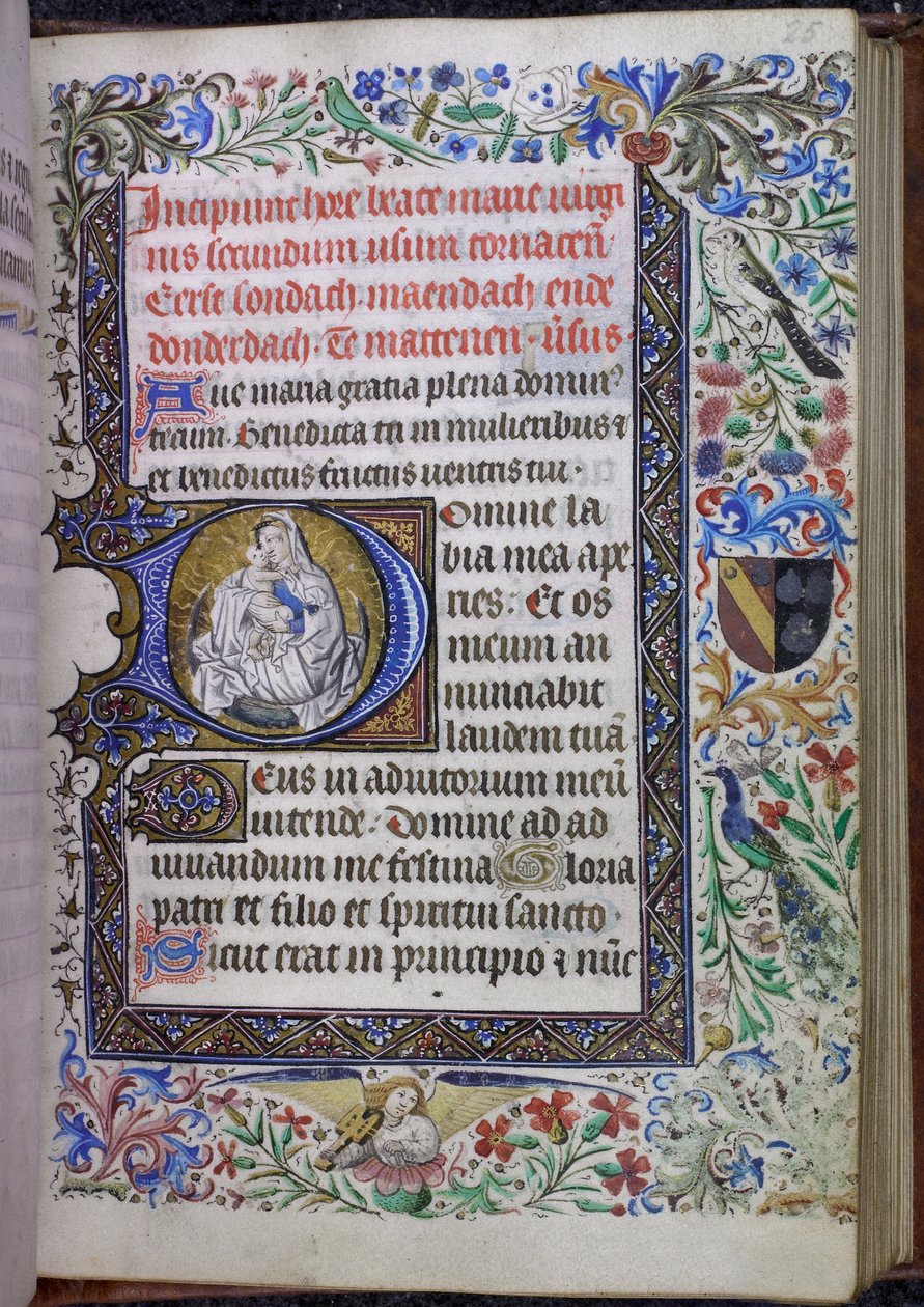 Historikert initial med Jomfru og barns timebok, bruk av Tournai, på en halvmåne kombinert med en tresidig stangkant og en hel kant med akantusblader, blomster, fugler, en musikerengel og et våpenskjold av Flemish School