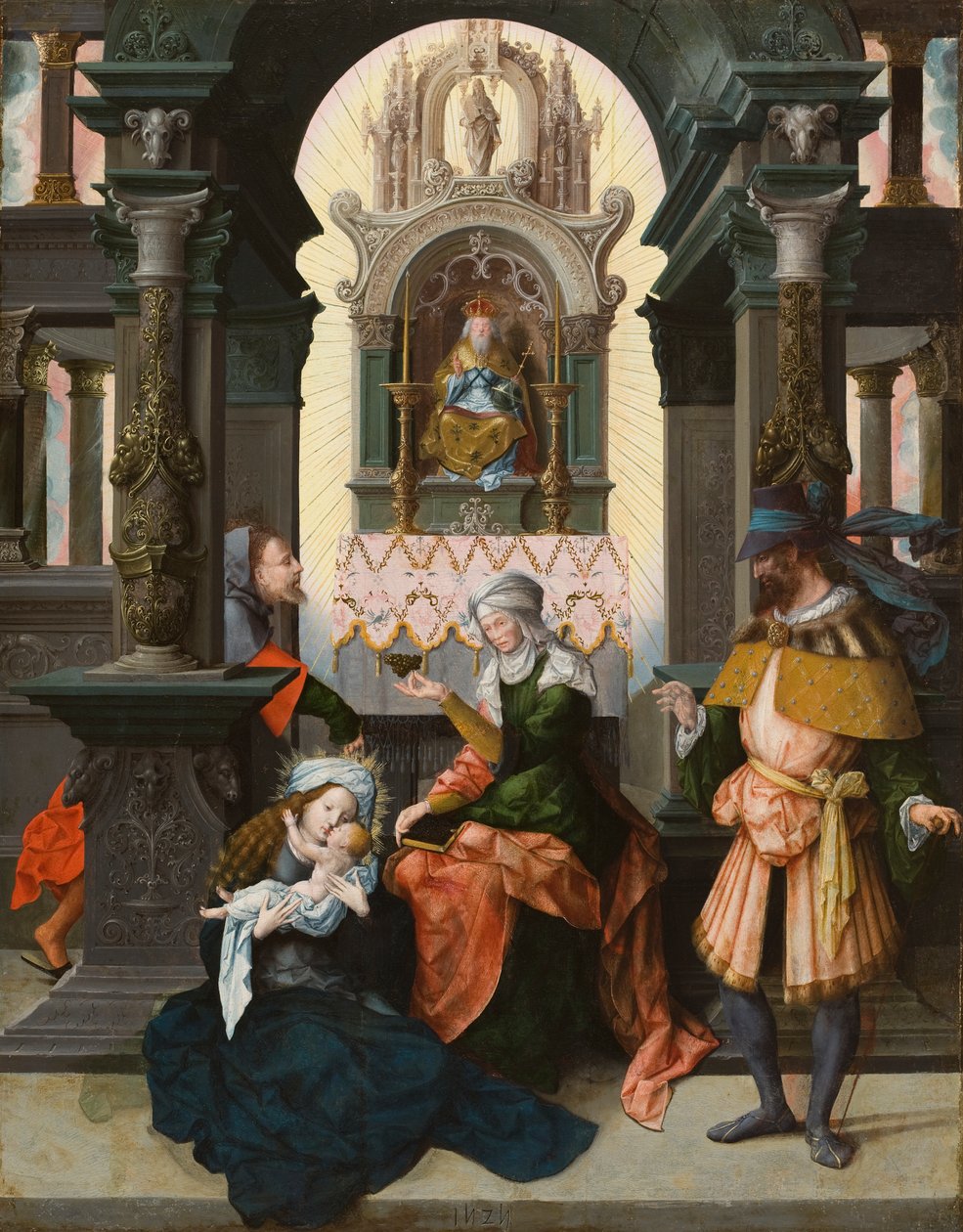 Hellig familie med St. Anne og St. Joachim, 1525 (olje på eikepanel) av Flemish School