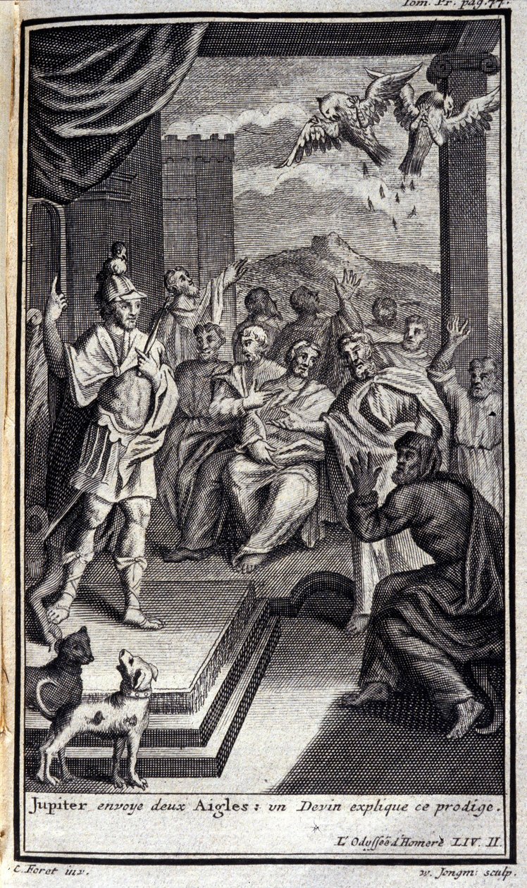 Jupiter sender to ørner: en smokker forklarer dette vidunderbarnet. Lustrasjon for bok II av Odyssee of Homere, i Odyssee, utgitt i Amsterdam i 1731, Collection privee Milan. av Flemish School