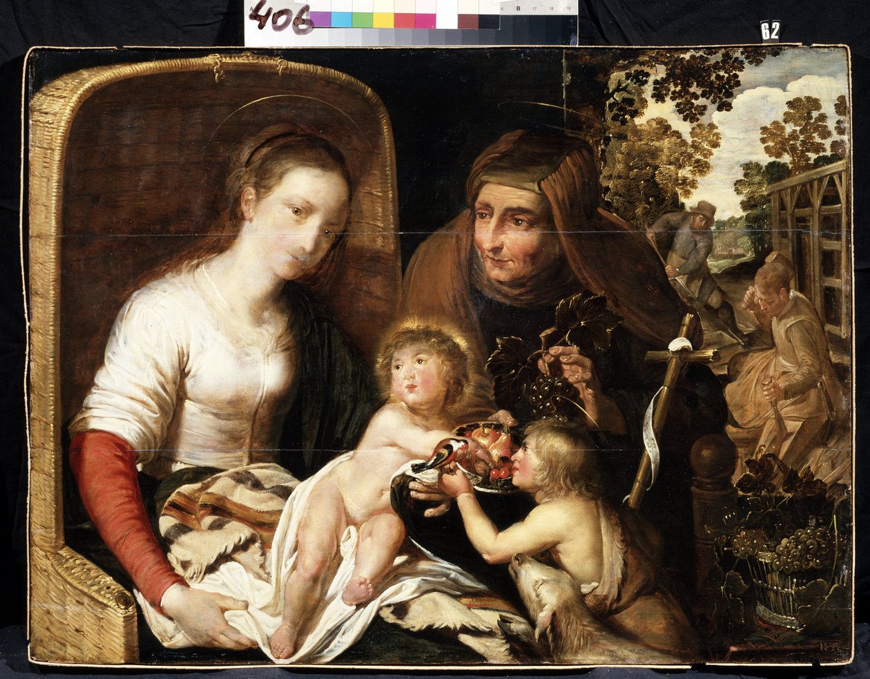 "Den hellige familie med døperen Johannes som en gutt og den hellige Elizabeth" (Den hellige familie med døperen Johannes som en gutt og den hellige Elizabeth) 1600-talls nederlandsk skolemaleri Mikhail Kroshitsky kunstmuseum, Sevastopol (Sevastopol) Ukrai av Flemish School