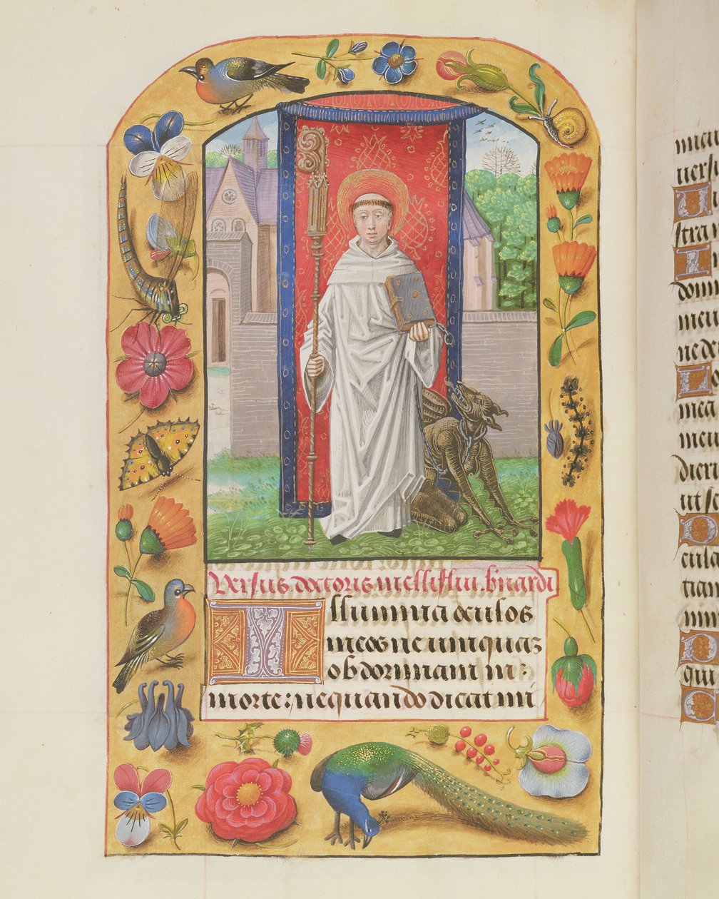 MS 1058-1975 f.161v St. Bernard i en cistercienservane med en lenket djevel bak seg, fra en Timebok, sannsynligvis Brugge, ca. 1500-05 av Flemish School