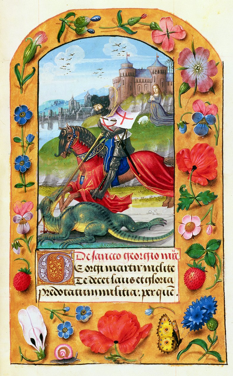 MS 1058-1975 f.173r St. George and the Dragon, fra en timebok, sannsynligvis Brugge, ca. 1500-05 av Flemish School