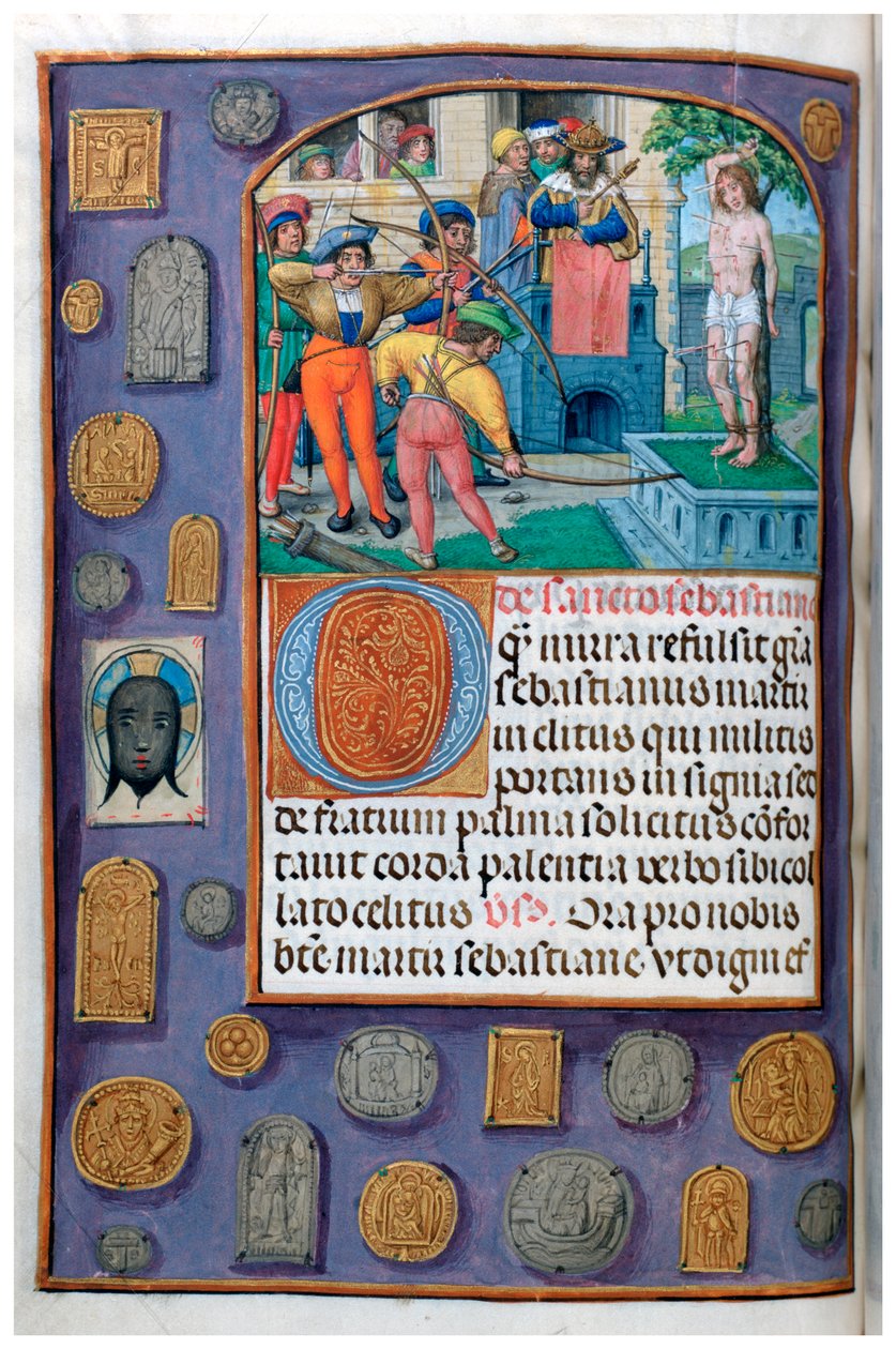 MS 4, vol. 127, f.112v, Martyrdom of St Sebastian med trompe l
