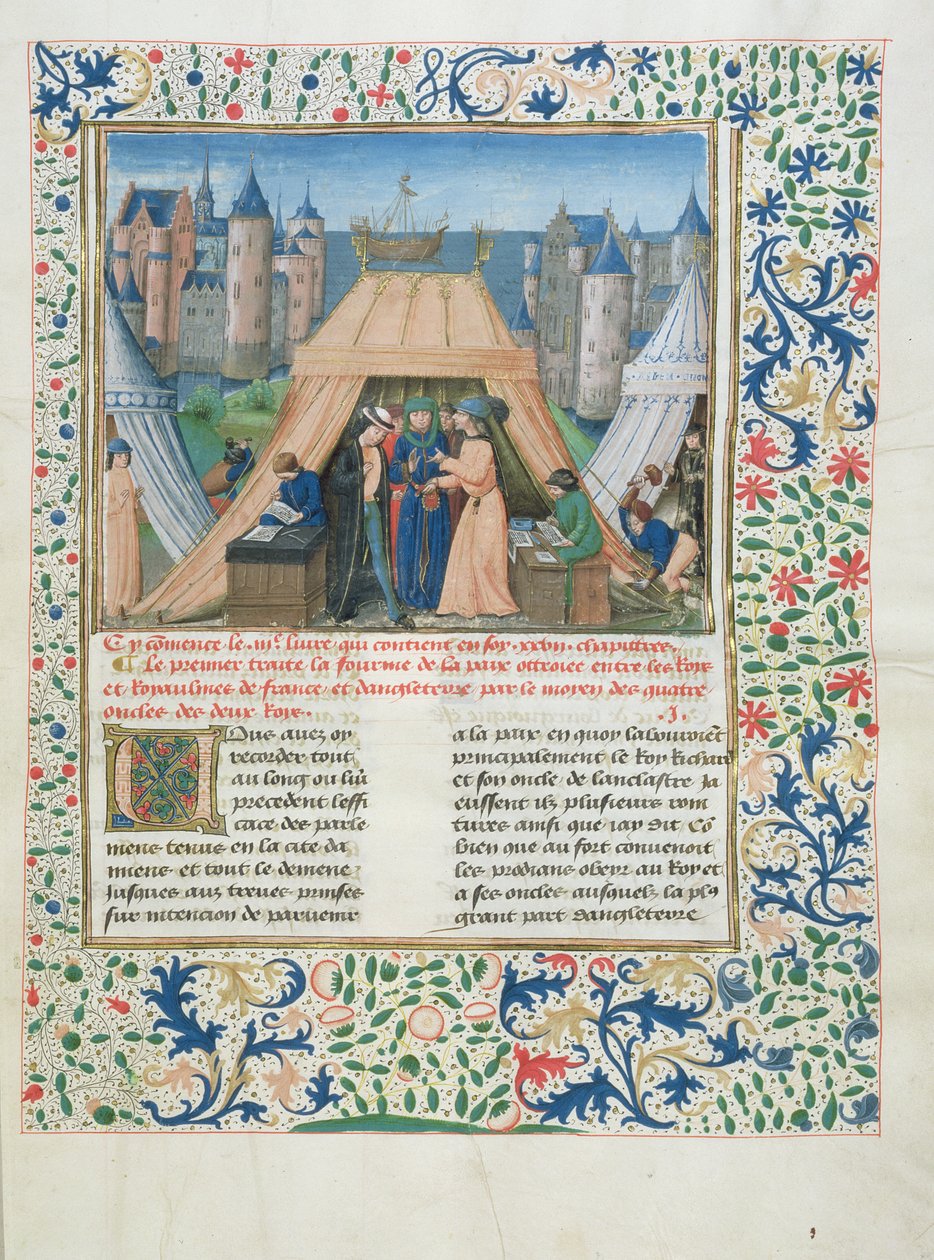 MS W201 f.147 Fredsavtale fra Chroniques dAngleterre (Vol.IV) 1475-80 (tempera på vellum) av Flemish School
