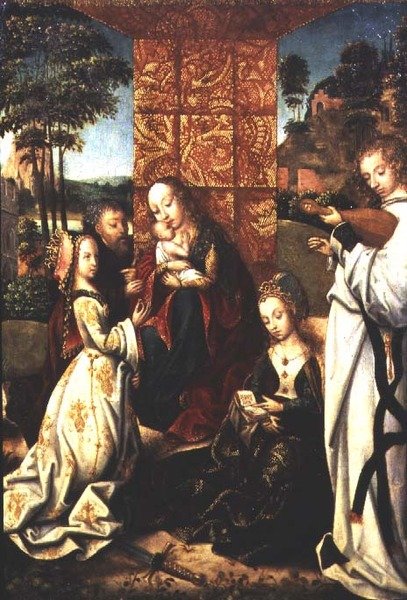 Madonna og barn med St. Catherine, en engel og andre figurer av Flemish School