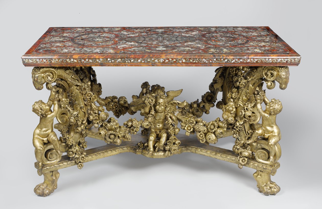 Intarsiabord på utskåret og forgylt limetrefot, 1689 av Flemish School